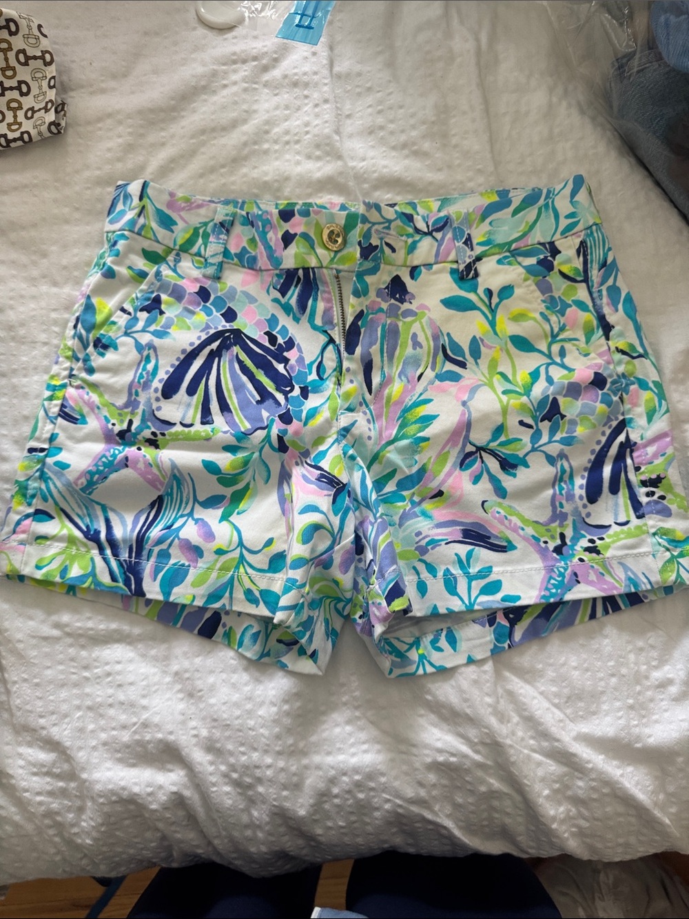 Lilly Pulitzer Cotton Floral Shorts - White with Blue, Green & Pink